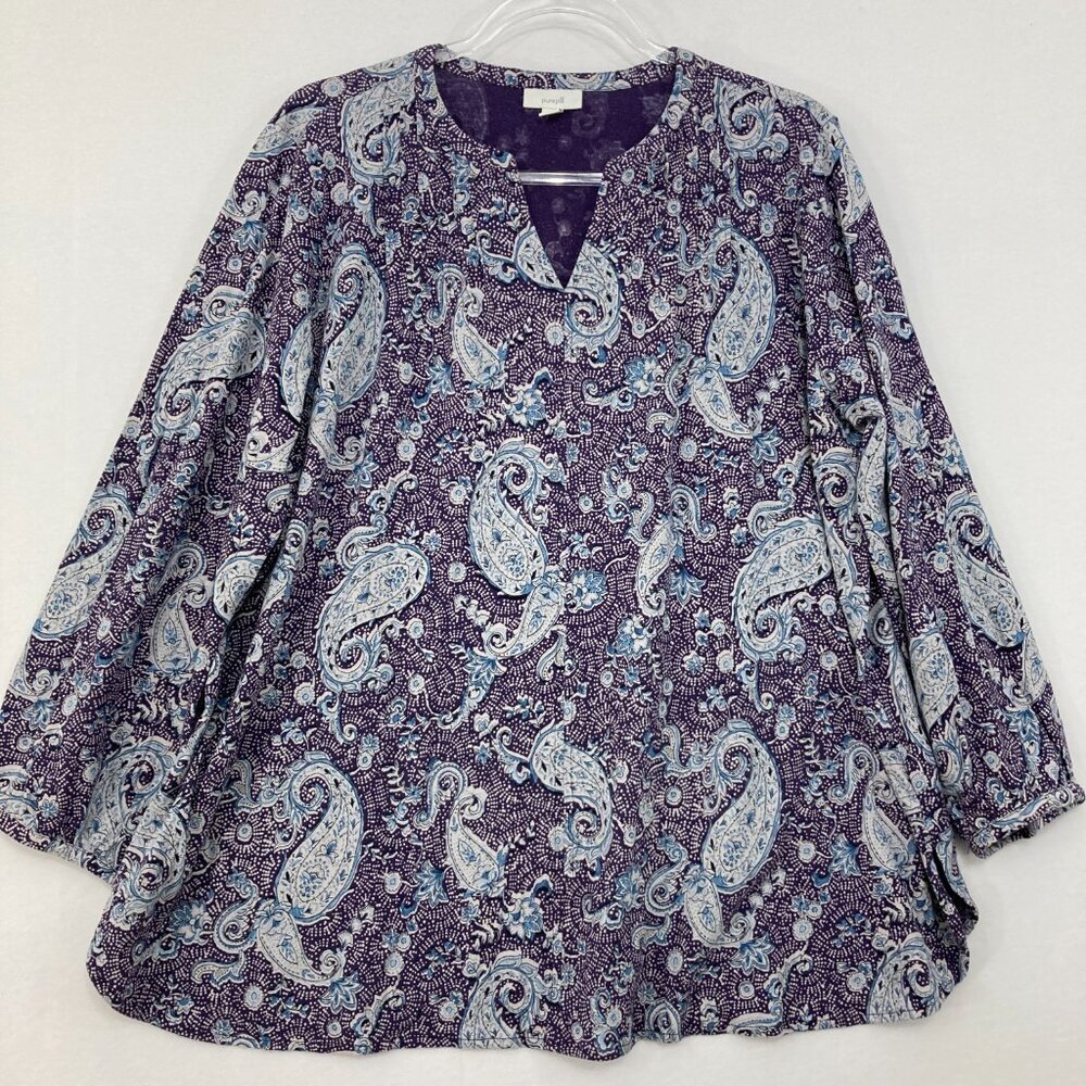 J. Jill Pure Jill size XL Petite Purple Paisley Cotton Stretch Split Neck Blouse
